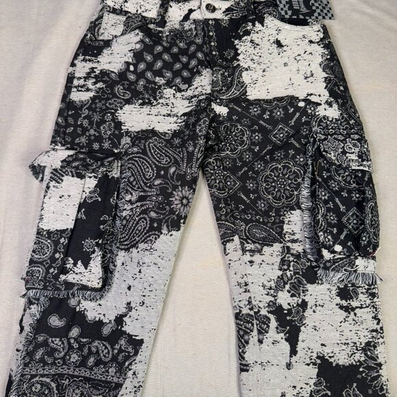 Rebel Unisex Jeans 28W Black White Bandana Patchwork Printed Denim Pants Streetw - Picture 1 of 11